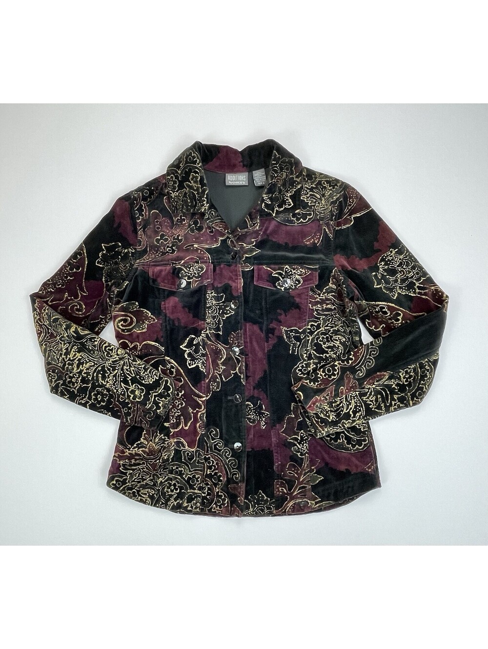 Chicos Additions Velvet Paisley Jacket Burgundy Gold Glitter Boho Shacket 0 S